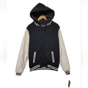 Men's Varsity Jacket Size Small Reversible Hooded Black and Cream